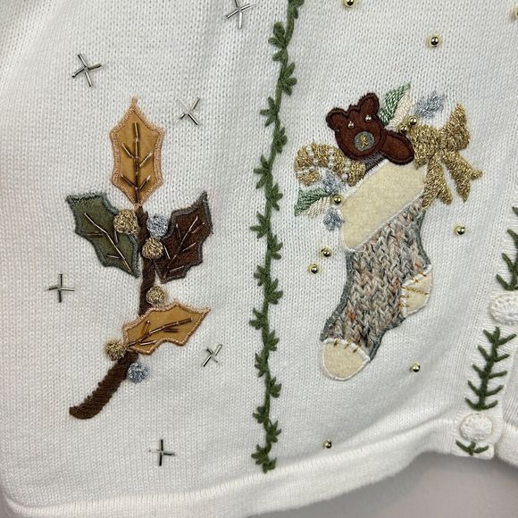 B P Design Cotton Ramie Neutral Embroidered Christmas Sweater Size Large - Picture 9 of 14